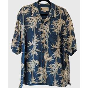 Jamaica Jaxx 100% Silk Bamboo Print Hawaiian Camp Shirt Blue Large